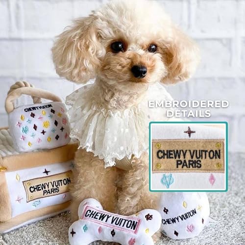 Haute Diggity Dog Chewy Vuiton Trunk Puzzle with 3 Plush Squeaky Dog Toys
