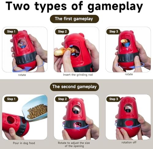 Dog Puzzle Toy Dog Bully Stick Holder Safety Device and Adjustable Treat Dispensing Ball Food Dispenser Tough Slow Feeder Puppy Enrichment Training Toy Pet Interactive Chase Toys for Dogs (Red)