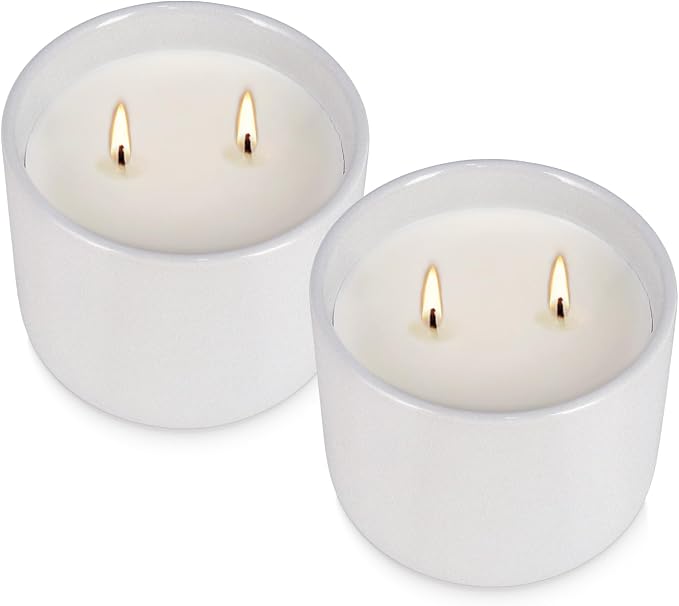2-Pack Citronella Candles in White Ceramic Jars - 2 Cotton Wicks, Citronella Oil with Elegant White Pillar Design Perfect for Outside Patio, Camping & Garden, Summer Gifts for Indoor Home