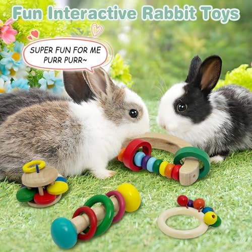 PINVNBY 4 PCS Wooden Bunny Toys Interactive Rabbit Toys Multi-Colored Guinea Pig Teeth Grinding Toy for Chinchillas Hamsters Rats and Small Animals Indoor Outdoor Playing