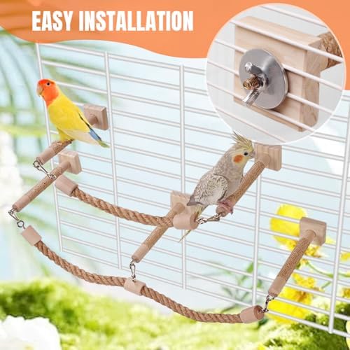 La La Pet Bird Rope Perches for Cage Natural Wood Standing Perch Hanging Bridge and Swing Interactive Birds Toys for Conures Budgies Parakeets Cockatiels Lovebirds 3-Set
