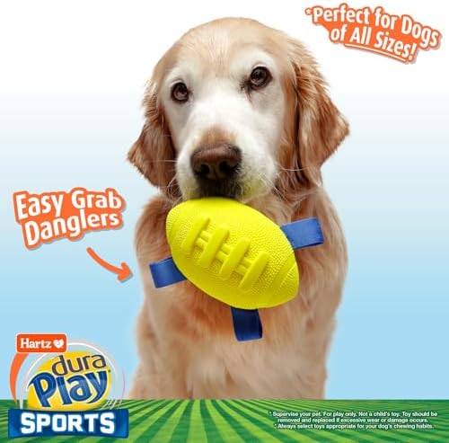 Hartz Dura Play Sports Football Dog Toy, Bacon Scented Squeaky Latex Yellow & Blue Toy, 1 Count