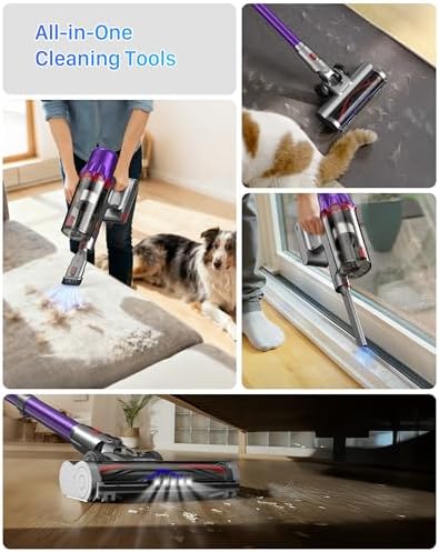Cordless Vacuum Cleaner for Home - Powerful Stick Vacuum with HEPA Filter, 55-Min Runtime, LED Light, Anti-Tangle Brush, Detachable Battery,Lightweight Vacuum for Pet Hair,Carpets & Hard Floors