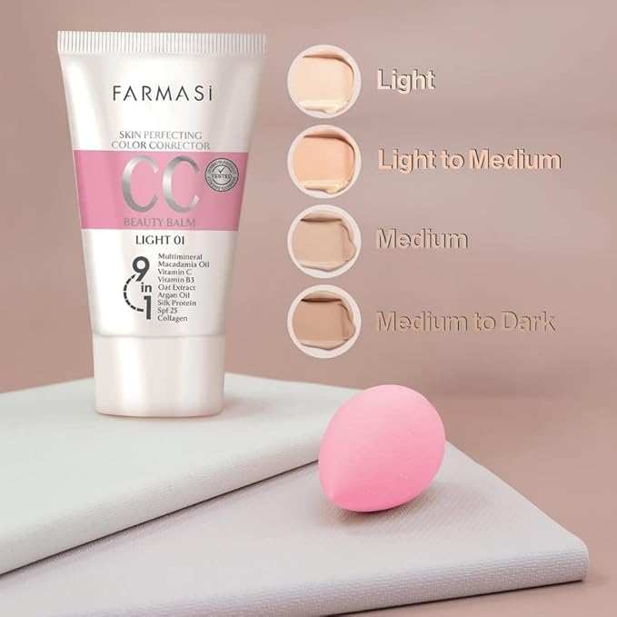 FARMASi CC Color Correcting Cream, Tinted Moisturizer Makeup Base with SPF 25, Lightweight Buildable Coverage, Natural Flawless Finish, All Skin Types, 1.7 fl oz, Light to Medium