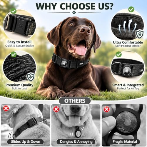 Heavy Duty Tactical Dog Collar with Tracker Pocket,Adjustable GPS Tracking Collar for Small, Medium & Large Dogs, Compatible with Compact Smart Trackers,Control Handle for Added Security (Black, M)
