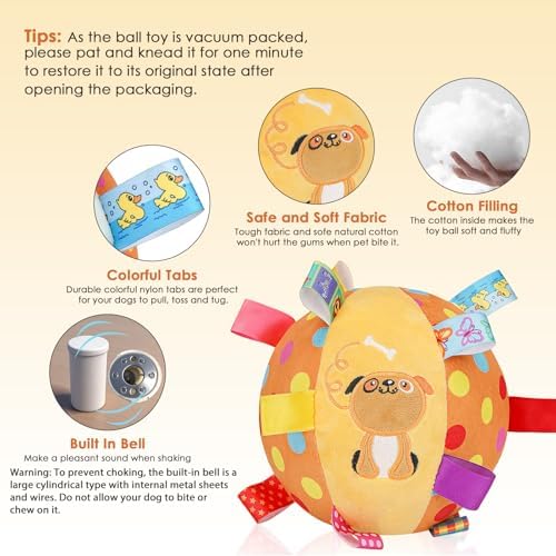 Letalong Dog Squeaky Plush Toy with Straps, 6-Inch Soft Stuffed Ball with Cotton Material and Bell Built-in, Pet Interactive Fetch Toy for Small to Large Dog