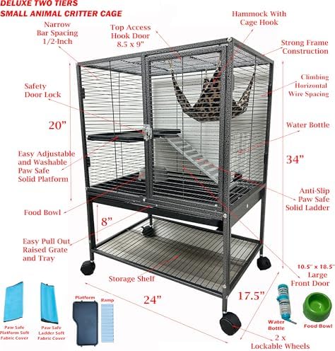 Deluxe Sturdy Wrought Iron Two Tiers Small Animal Critters Rolling Cage