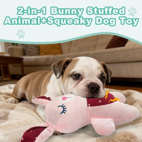 10.24 Inch Pink Bunny Squeaky Dog Toy, Soft Plush Chew Toy for Puppy Teething, Indoor Outdoor Interactive Toy for All Dog Sizes