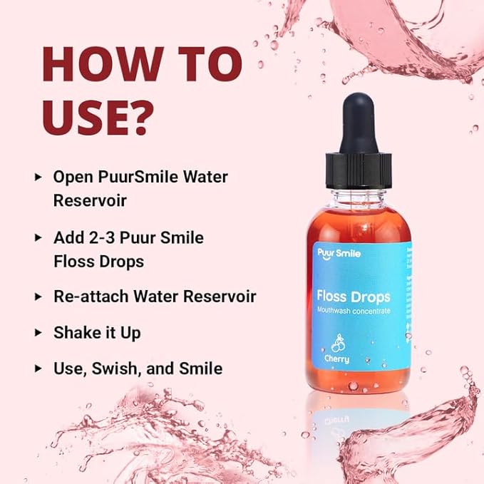Puur Smile Concentrated Floss Drop Serum – 2oz Concentrated Mouth Wash to Use in Water Flosser | Natural Essentials Promotes Good Breath | Organic Drop Provides Good Oral Health (Cherry Flavor)