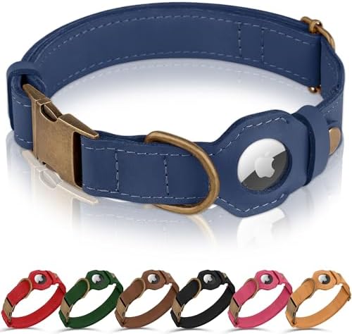 AirTag Dog Collar - Genuine Leather Dog Collar with Apple AirTag Holder and Metal Buckle - Smart GPS Tracking Pet Collars (Smoky Blue, L, 17"-21" Neck Fit)