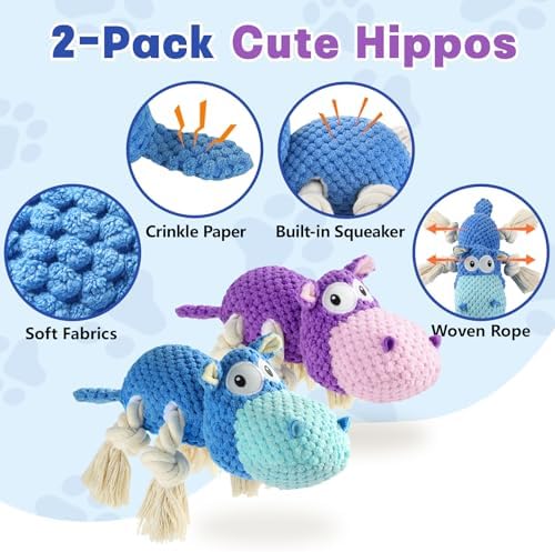 TOOPTATE 2-Pack Squeaky Hippo Dog Toys, Blue & Purple, Medium