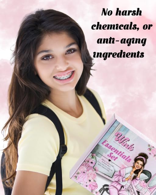 Wink Skin Care Kit for Teens | Plant-Based Facial Kit for Girls & Tweens, 4-Piece Set with Milk Cleanser, Rose Petal Toner, Face Fruit Serum & SPF Moisturizer, Mom-Approved Essential Kit for Young