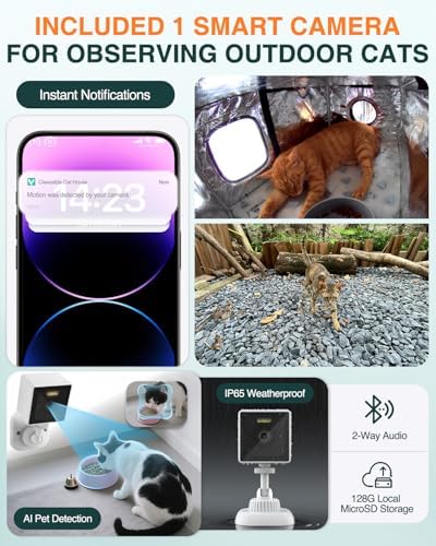 Indestructible Heated Cat House with Pet Camera for Outside Winter, 100% Waterproof, Escape Door, Insulated Outdoor Cat Shelter with Heater for Feral Barn Cat Kitty (Forest Green, 26"x16"x18")