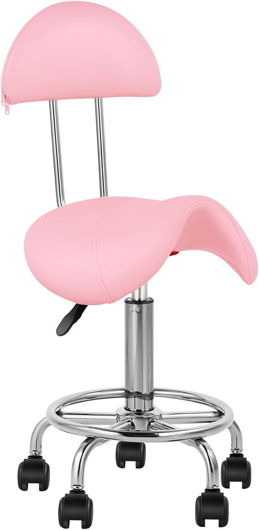 Saddle Chair Rolling Ergonomic Swivel Chair with Soft Comfortable Cushion and Wheels Hydraulic Adjustable Stool for Home Office Dental Tattoo Salon Shop Use with Backrest (Pinksilver)