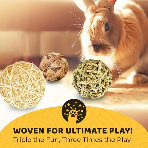 SunGrow 3 Pack Rabbit Chew Ball, Assorted Grass Teething Toy for Small Pocket Pet, Dental Wear Support, Boredom Relief Activity, Safe Woven Treat Enrichment for Bunny Guinea Pig Hamster Rat