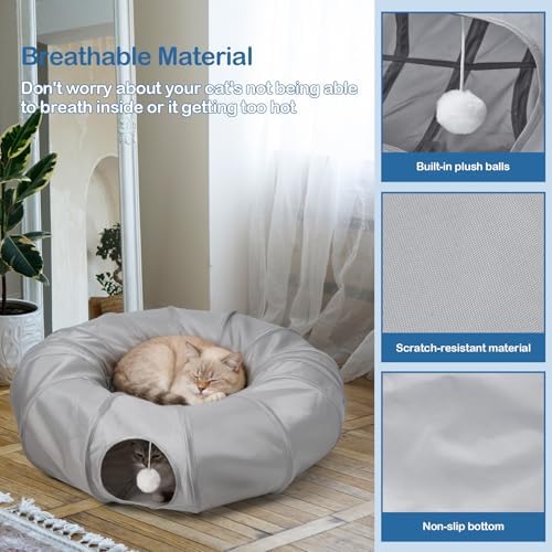 Cat Tunnel Bed with 2Pcs Interactive Toys, 3-in-1 DIY Collapsible Plush Cat Tube with Washable Mat, Large Indoor Play Tunnel Cave for Kittens and Small Animals