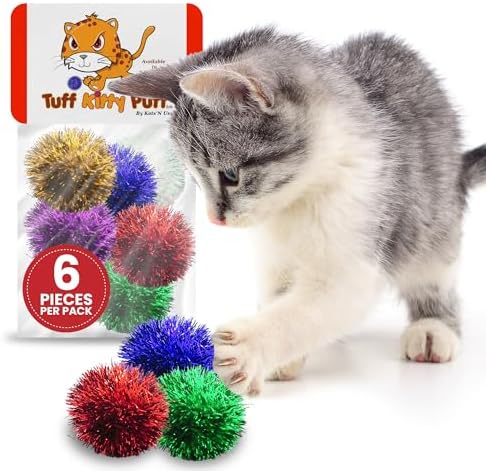 Tuff Kitty Puff Jumbo 2 Inch Sparkle Ball Cat Toy – 6pk Multi-Color