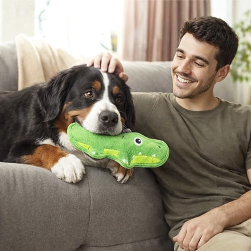 Outward Hound Tough Skinz Dog Toy, Durable Plush with 2X Lining, No Stuffing, Jumbo Squeaker, Alligator, 9.5"