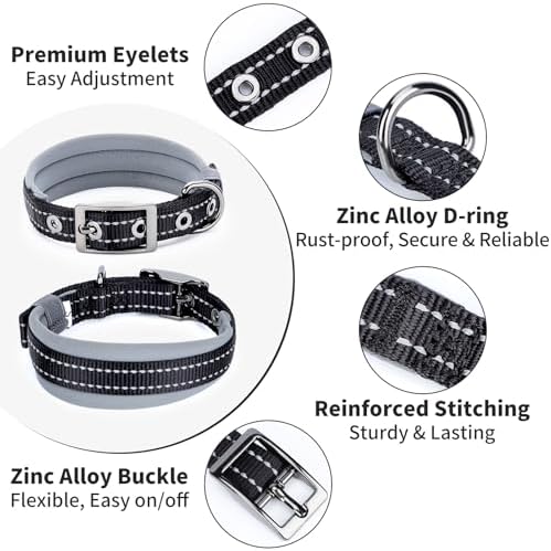 Segarty Reflective Small Dog Collar for Male Dogs Neck 10.8-14in, Adjustable Wide Soft Comfortable Breathable Neoprene Padded Nylon Collar Heavy Duty Metal Buckle for Puppy Small Breeds (S, Black)