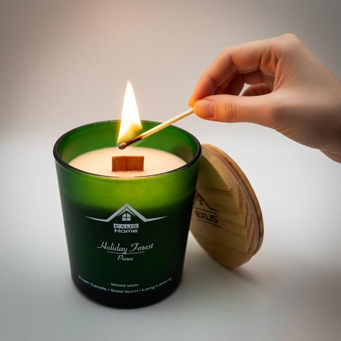 Exus Hand Crafted, Soy Wax, Wood Wick, Aromatic Candle. Non-Toxic (Holiday Forest/Peace)