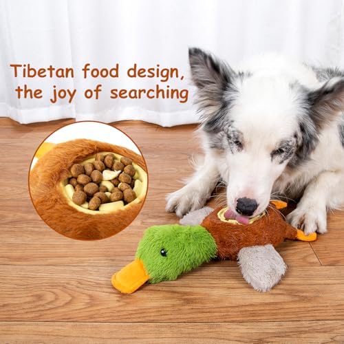 Hollypet Squeaky Plush Stuffed Dog Puzzle Toy with Slow Feeder Bowl, Interactive Chew Toy for Small and Medium Dogs, Wild Duck