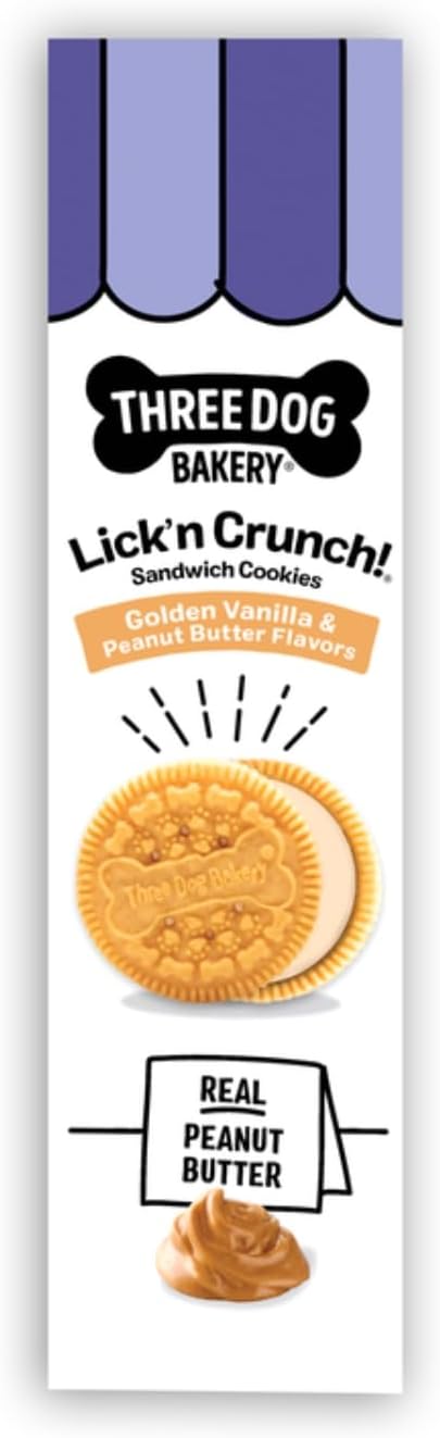 Three Dog Bakery Lick'n Crunch! Dog Treats - 13 oz | Golden Vanilla & Peanut Butter Sandwich Cookies - Crunchy Treats with Peanut Butter Creme
