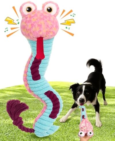 Swooflia Dog Rope Toy - Interactive Cute Snake Squeaky Plush Toys Stuffless, Teeth Cleaning for Small Medium Large and Boredom Dogs, Outdoor Durable Puppy Tug of War Chew Toy