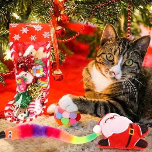 Christmas Stocking Cat Toys, 12PCS Xmas Cat Toy Set with Squeaky Toys, Balls, Cat Teaser