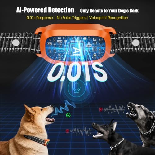 Bark Collar for Small Medium Large Dogs with 5 Training Modes, Orange | AI Bark Recognition, Effective Anti Barking Device with 5 Sensitivity Levels, Rechargeable IP67 Waterproof Anti Bark Collar