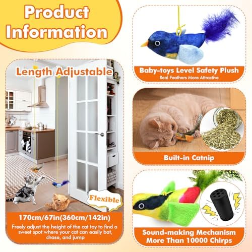 Interactive Cat Toys for Indoor Cats, 3 Pack Hanging Chirping Bird Cat Toy