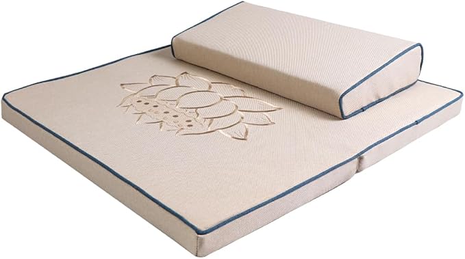 Portable Foldable Meditation Cushion Mat Set with Washable Cotton Linen Cover, Larger Thick Yoga Mat Bolster Floor Pillows Seating for Adults Meditation Accessories Beige-60cm