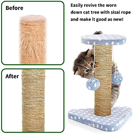 1/6 Inch Natural Sisal Rope, 164-Feet, 50m, for Cat Scratching Post, Tower, DIY Hemp Twine, Replacement, Sisal Fiber, Biodegradable, 4mm Diameter
