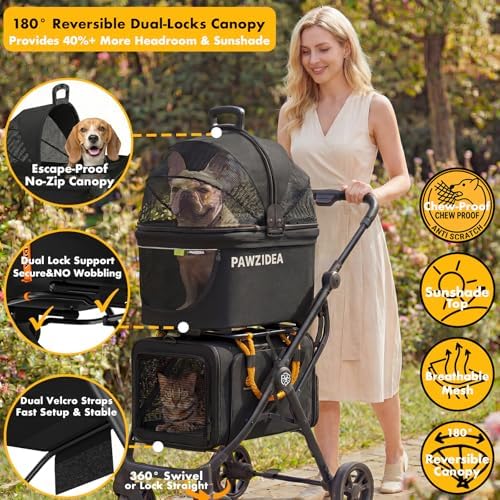 PAWZIDEA Double Pet Stroller with 2 Detachable Carrier, Multifunctional
