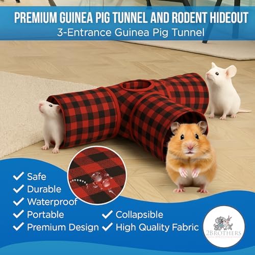 Tunnels with 3-Way Entrance - Cozy, Washable Guinea Pig Hideout - Interactive Cage Toys (Red Plaid)