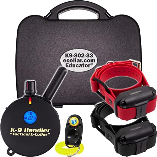 Educator K9-802 Two Dogs K9 Handler Professional E-Collar Training Collar with Remote - Up to 1 Mile Range, Waterproof, Rechargeable, 100 Stimulation Levels, Vibration, Tone, 33-Inch Bungee Collar