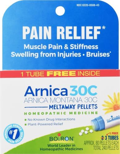 Boiron Arnica Montana 30C Homeopathic Medicine for Relief from Muscle Pain, Muscle Stiffness, Swelling from Injury, and Discoloration from Bruises - 3 Count (240 Pellets)