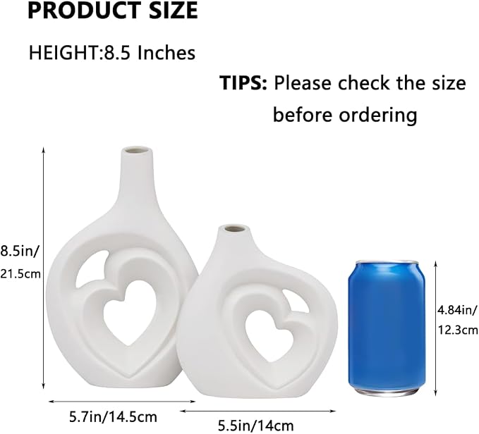 White Heart Shaped Hollow Ceramic Vase Set of 2 | Modern Nordic Boho Style, Table Centerpiece Decor, Matte Finish, H 8.5in
