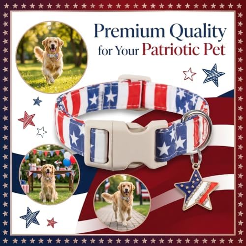 American Flag Dog Collar, Patriotic Dog Collar for Boys Girls Dog, Adjustable Puppy Collar with Star Pattern for 4th of July Occasion & Daily Walking, Fits Small Breeds