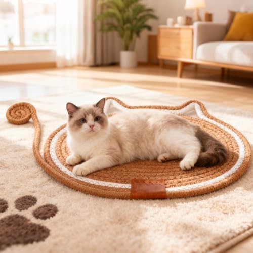 Cat Scratcher Mat Natural Cotton Rope Oval Horizontal Floor Cat Scratch Bed Pad with Ball Toy Protector for Furniture Floor Wall (Brown, 2 PC)