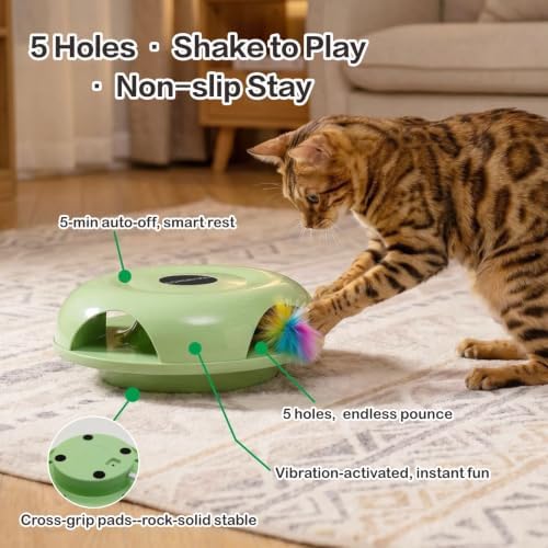Interactive Whack-a-Mole Cat Toy — Automatic Mushroom Feather Pop-Up Play Toy for Cats, Cognitive Stimulation & Exercise, Durable Pet Entertaining Game (Green)