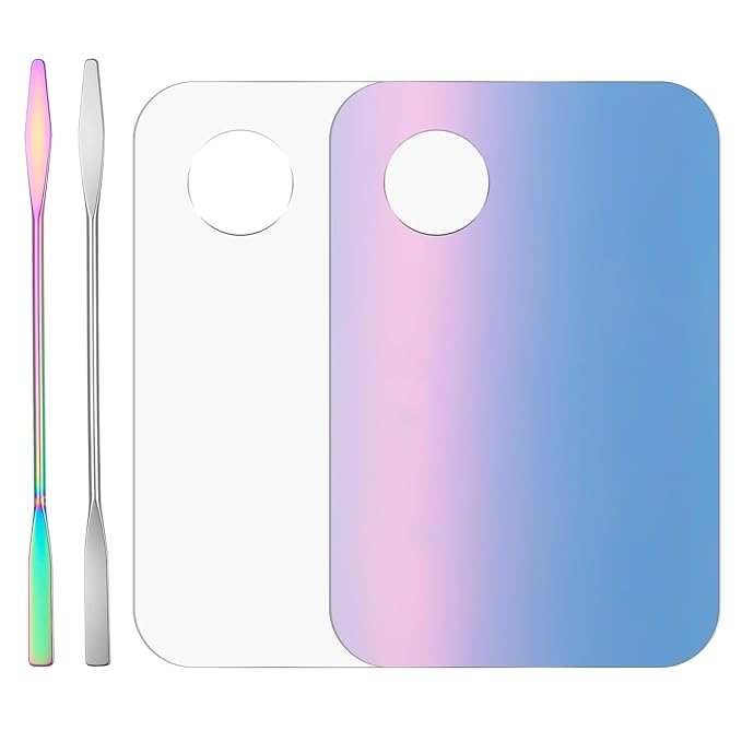 2 Set Acrylic Cosmetic Makeup Palette, Makeup Mixing Tray with Makeup Spatula for Cream Liquid Foundation Eye Shadow Lipsticks Nail Art Beauty Salon (Iridescent and Transparent)