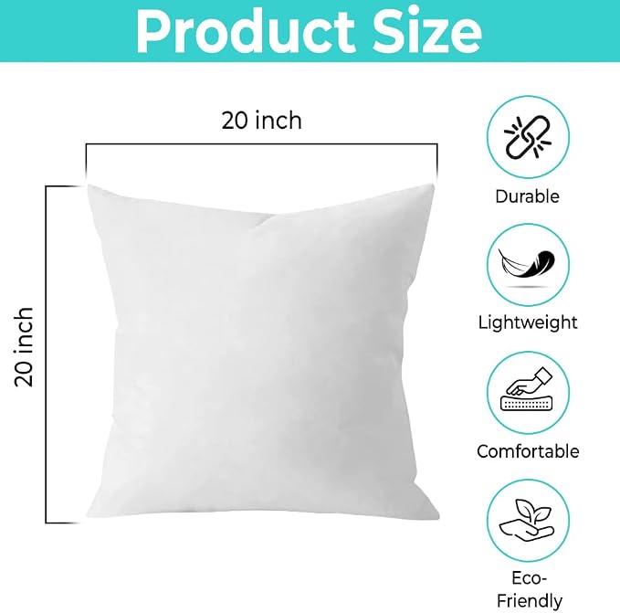 QUBA LINEN Throw Pillow Inserts (Set of 2, White), 20x20 Inches - Premium Cushion Fillers for Sofa, Bed, and Home Décor (20x20 Inch (Pack of 2))