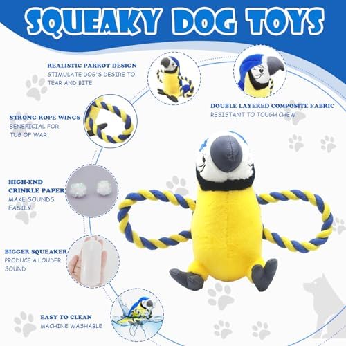 Upgraded Dog Squeak Toys Tug of War Squeaky Parrot Dog Toys with Strong Pull Rope, Superior Crinkle Paper and Big Squeaker Interactive Plush Bird Chew Toys for Small, Medium, and Large Dogs