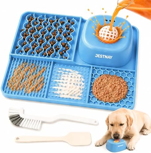 Dog Lick Mat & Slow Feeder Bowl Combo, Enrichment Toy with Puzzle Dome, 4-Texture Silicone Licking Mat for Anxiety Relief, Slow Feeding, Boredom Buster with Cleaning Brush & Silicone Spatula (Blue)