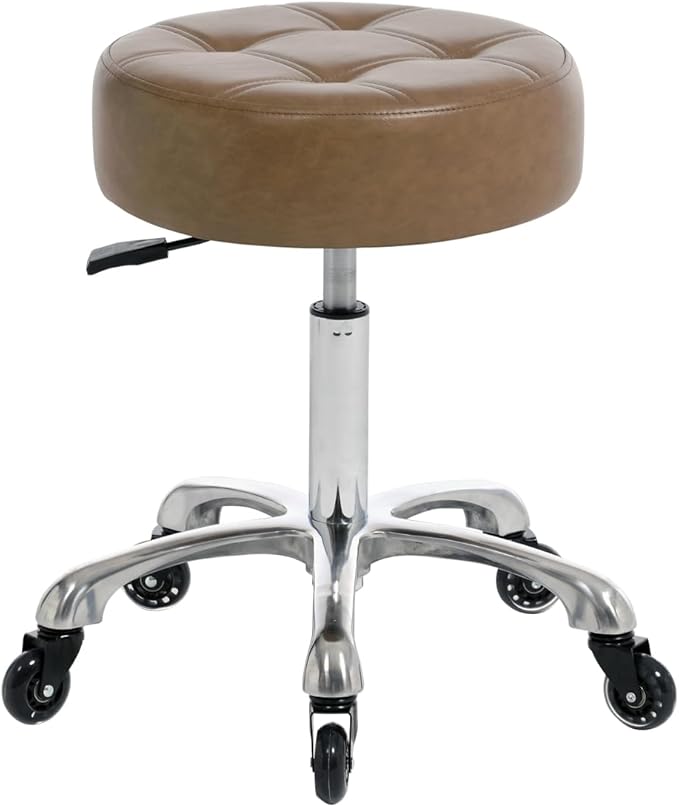 Rolling Salon Stool with Wider Round Seat- Height Adjustable Heavy-Duty Chair with Wheels for Salon Esthetician and Home Office Use, Heather Brown, Ivory