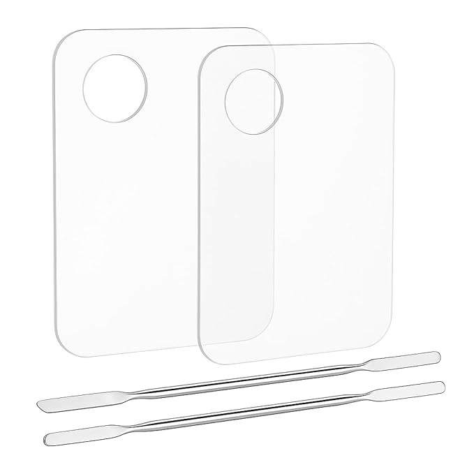 2PCS Acrylic Makeup Mixing Palette with 2PCS Spatula Set – Transparent Cosmetic Tray for Foundation, Eyeshadow, Lipstick & Nail Art, Durable & Portable Design