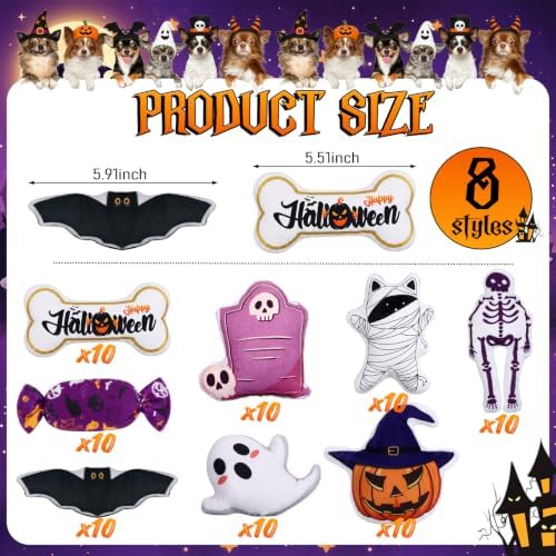 Soulchen 80 Pcs Halloween Dog Squeaky Toys, 8 Styles Plush Toys Bulk
