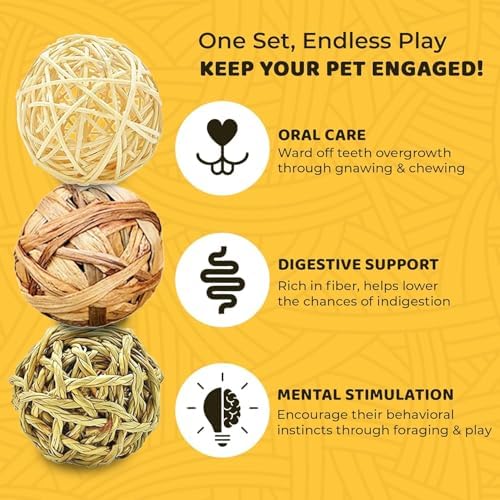 SunGrow Assorted Rabbit & Cat Chew Balls, Teething Activity Toy for Pocket Pets, Improves Dental Health, Environment Friendly, Stress Reliever (Assorted Rabbit Chew Balls, 6 Pcs)