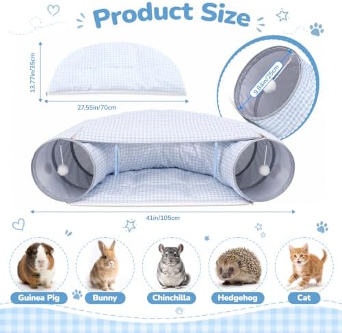 Bunny Tunnel Bed, 2-in-1 Collapsible Rabbit Guinea Pig Hideout, Blue