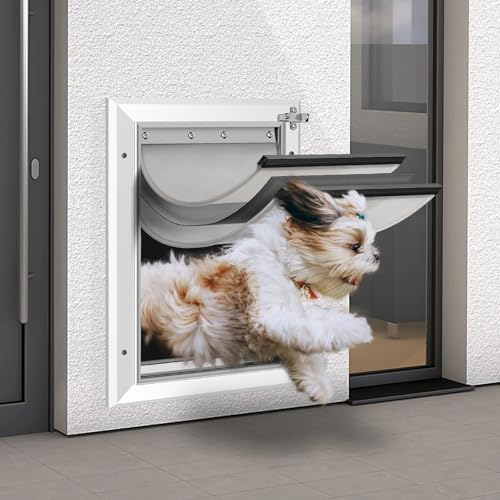 [Petoasis] 3-Flaps Heavy-Duty Dog Door for Wall,Rustproof Aluminum Frame | Energy-Efficient,Thick Flaps Block Wind Snow Rain Intrusion in Extreme Weather (Silvery White, Large for Wall)